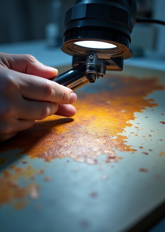 Specialist analyzing brushwork with magnifying tools